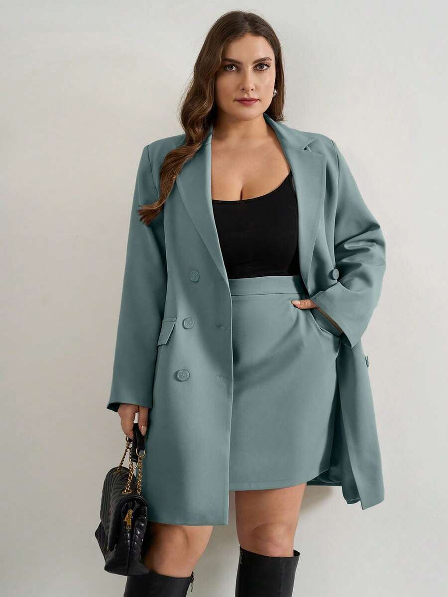 EURMUSE Double-Breasted Suit Jacket And Skirt Set - Mint Green - View 1