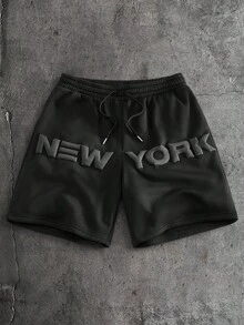 AXEPEAK 男士字母压纹抽绳腰休闲时尚街头短裤 - 黑色 - 查看 1