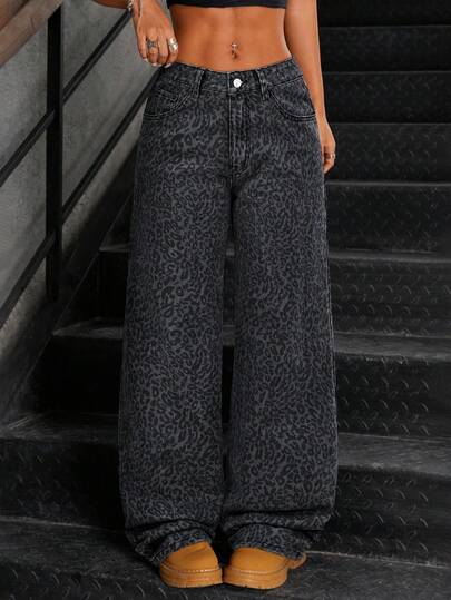 SHEIN Tall 时尚豹纹低腰水洗阔腿女式牛仔裤
