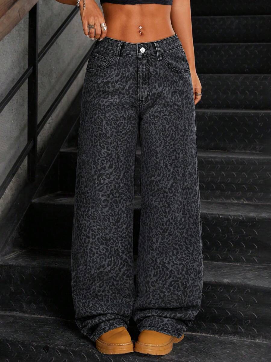 SHEIN Tall 时尚豹纹低腰水洗阔腿女式牛仔裤 - 灰色 - 查看 1