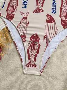 Soleia 女士字母鱼印花连体泳衣，时尚度假之选 - 彩色 - 查看 5