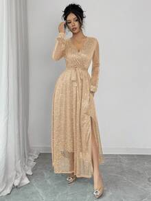 Rafferiza 亮片装饰长袖派对礼服 - 香檳色 - 查看 5