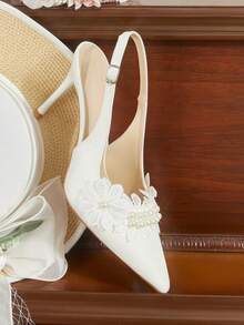 CUCCOO HITCHD Women's Pointed Toe High Heel White Pearl Lace Flower Backstrap Pumps, Bridal Wedding Party Evening Shoes, Backless Heels - White - View 6