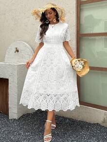 Vivie Lora Đầm midi ngắn tay cổ tròn ôm sát dành cho nữ, chất liệu ren, thích hợp cho mùa hè. - trắng - Xem 4