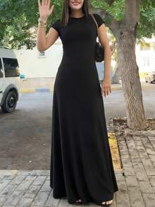 INAWLY Solva Women's Simple Solid Color Round Neck Short Sleeve Dress, Summer - Black - View 3