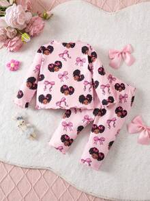 SHEIN Newborn Baby Girl Outfit With Bow, Graphic Patchwork, Casual Style - Multicolor - View 3