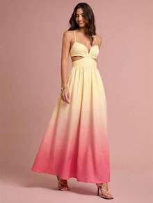 Enchnt Women's Ombre Spaghetti Strap Hollow Out Gradient Sleeveless Fashion Dress - Yellow - View 4