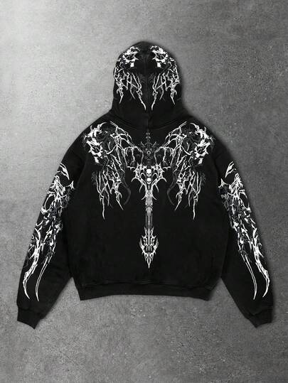 Street Life Men's Halloween Dark Metal Punk Style Streetwear Loose Fit Skull & Cross Print Hoodie Sweatshirt