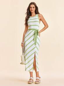 Coeurva 女士时尚优雅休闲针织条纹印花连衣裙，柔软弹力面料 - 綠色 - 查看 7