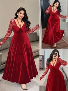 Vibekara Đầm nhung dáng chữ A dài tay cổ chữ V thắt nơ phối ren, kiểu dáng thanh lịch cổ điển gợi cảm dành cho nữ cỡ lớn, thích hợp cho mùa Thu/Đông. - Đỏ - Xem 1