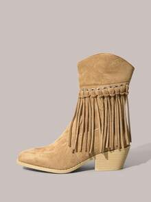 Styleloop Women Fringe Trim Zipper Side Western Boots Valentine's Day - Khaki - View 2