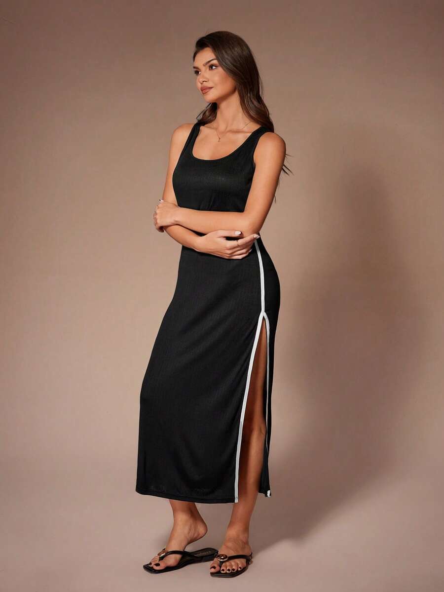 Lazeform Damen Lässig Bodycon Kleid mit kontrastierendem Seitenstreifen, Loungewear ärmelloses Maxikleid mit Schlitz an der Seite, Damenkleid schwarz - Schwarz - Übersicht 1