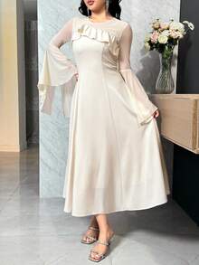 DAZY Women's Elegant Patchwork Ruffle Flare Sleeve Mid-Length Dress, Spring/Summer Wedding Guest Dress - Beige - View 3