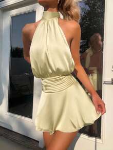 SHEIN EZwear 女士吊带系带无袖迷你连衣裙 - 淡黃色 - 查看 4