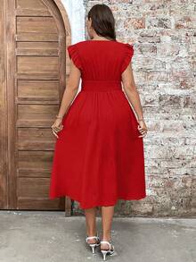 SHEIN Clasi Vestido midi casual rojo de talla grande para mujer con cuello en V, volantes, mangas de campana y diseño de línea A con bajo acampanado - Rojo - Ver 2