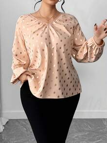 Elenzga Blusa elegante de manga farol con cuello en V y estampado de puntos dorados, talla grande, otoño - Albaricoque - Ver 4