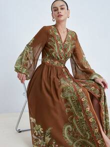 Aveloria Modichic New Elegant Chiffon Digital Placement Vintage Print V-Neck Long Sleeve Maxi Dress - Multicolor - View 2