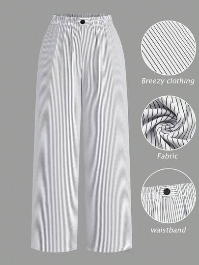 Elenzga Plus Size Women's Black & White Striped Print Linen Blend Elastic Waist Loose Straight Pocket Casual Pants, Suitable For Beach, Vacation, Outdoor And More Occasions, High Cost-Performance