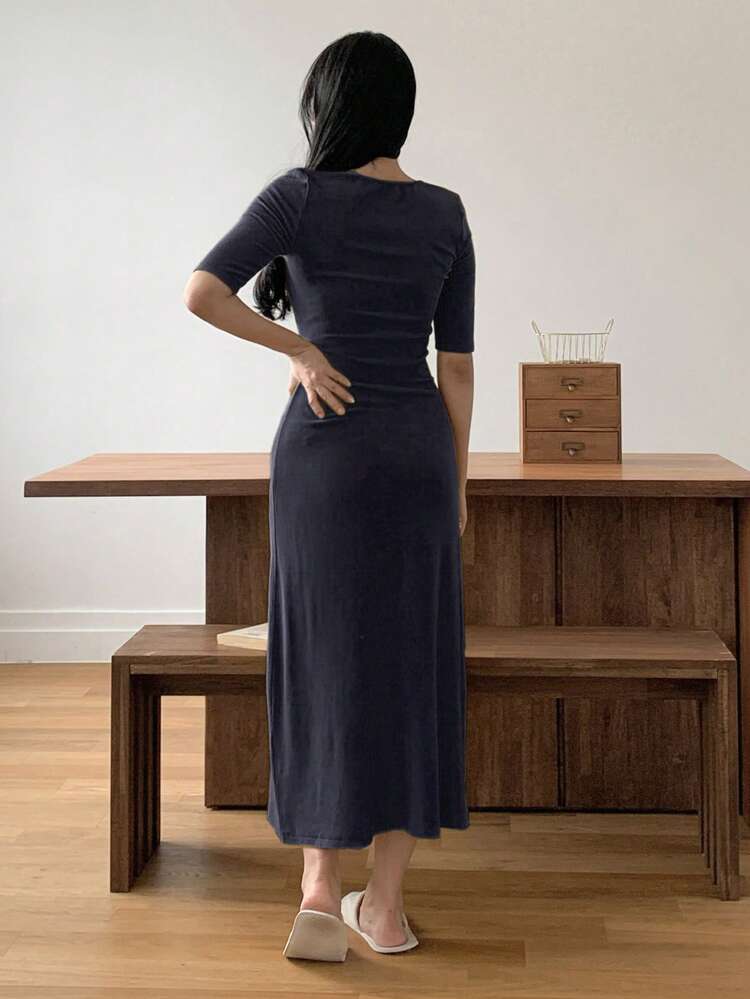 Minimalist Knit Fitted Long Dress, Women's Autumn/Winter Loungewear
