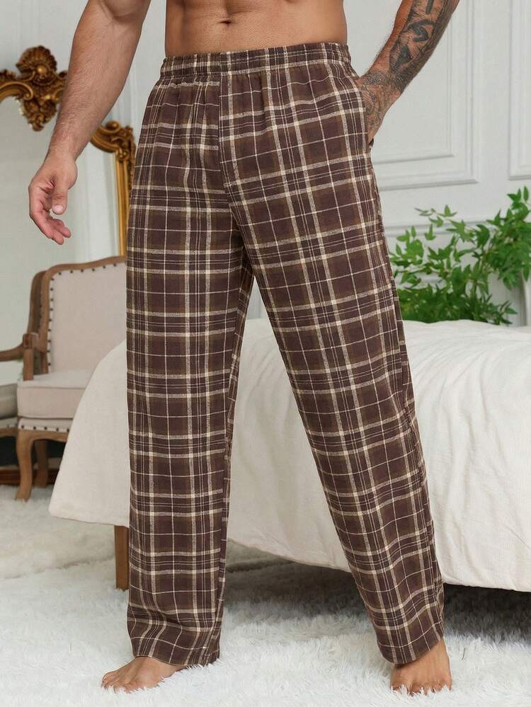 Men's Plaid Elastic Waist Long Lounge Pants, Spring/Summer