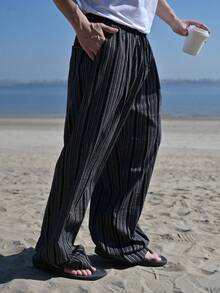 DAZY 男士黑色字母刺绣纹理面料长裤，春夏款 - 黑色 - 查看 3