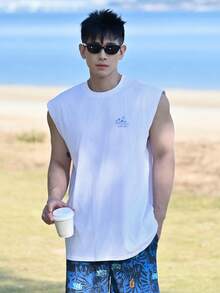 DAZY Men's Letter Print White Loose Tank Top, Summer - White - View 3