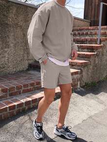 DAZY Men's Solid Gray Woven Long Sleeve Pullover Sweatshirt And Shorts Set, Spring/Summer - Grey - View 7