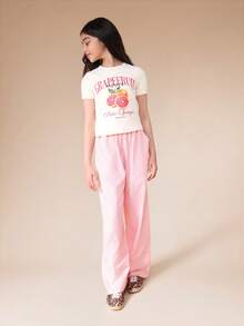 SUMWON Tween Paradise Grapefruit Print T-Shirt And Striped Wide Leg Pants Co-Ord Set Summer Casual Outfit