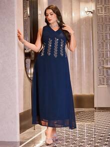 Modelyn Plus Size Women's Sparkling Diamond Sleeveless Elegant Dress, Waist Cinched, Can Be Worn Alone, Suitable For Formal Events - Navy Blue - View 4