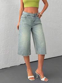 EURMUSE Quần short denim dáng rộng, thoải mái, đã qua xử lý giặt. - Rửa trung bình - Xem 3