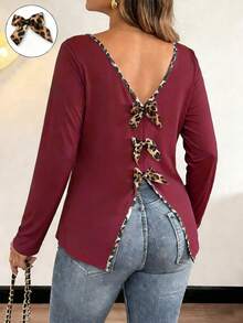 Vionelle Women's Plus Size Deep V Neck Long Sleeve Plain Tee With Leopard Print Bow Detail - Red - View 1