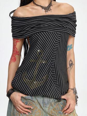 Grunge Punk Vintage Nautical Punk Anchor Rivet Striped Hoodie