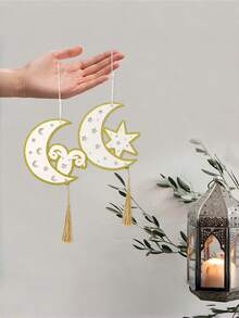 Cirelle Decoración colgante de pared de estrella y luna de madera con diseño calado y adorno de flecos, decoración para fiestas y festividades de Ramadán - Multicolor - Ver 8
