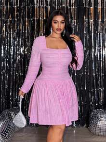 Veslaya 2026春夏新款优雅浪漫可爱约会派对小黑裙生日聚会毕业季学院风学生日常穿搭百搭浪漫情人节修身纯粉色长袖装饰下摆A字针织纹理面料迷你连衣裙短裙 - 粉色 - 查看 4