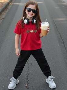 一套女童豹纹爱心图案圆领短袖红色T恤和黑色休闲裤，简约街头风，适合户外运动、日常穿着，春夏秋季，情人节适用。 - 黑色 - 查看 4