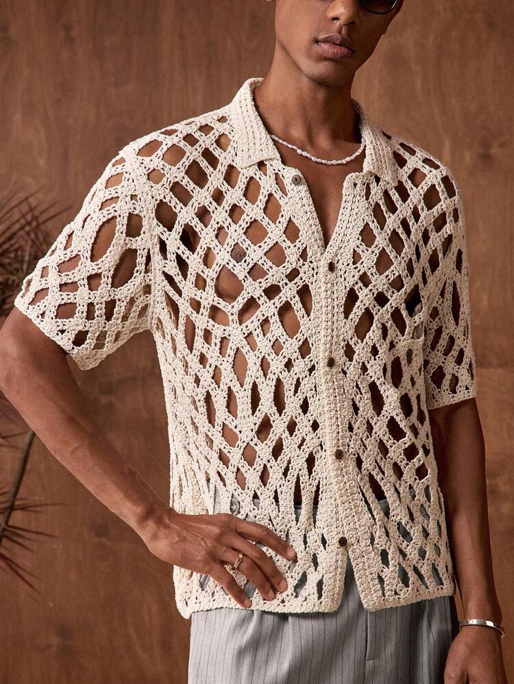 Men's Vacation Casual Solid Color Hollow-Out Knit Sweater Men See Through Shirt Men's Resort Wear Fishnet Shirt Men Men Crochet Top Open Knit Shirt Men Men's Resort Wear