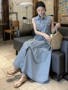 DAZY Women's Casual Washed Pocket Lapel Sleeveless Denim Dress, Summer - Blue - View 7