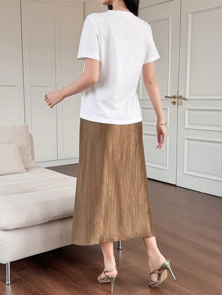 Women's Elegant Sequin Contrast Color Patchwork T-Shirt And Skirt 2 Pieces Set, Summer,Wedding Guest Dress Women