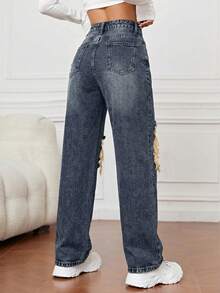 SHEIN PETITE Quần jean denim dáng suông rộng rãi, phong cách vintage rách rưới. - Màu xanh lam - Xem 2