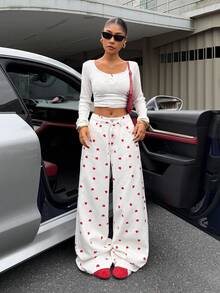 Muchica Women's Flared Jeans With Heart-Patterned Buttons On The Pockets; Casual And Versatile, Suitable For Commuting. Valentine's Day Outfit: Red Heart-Patterned Jeans. - White - View 5