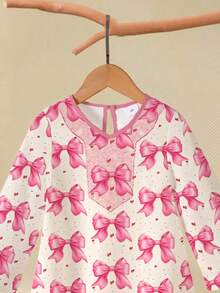 1件 4-7岁女童甜美公主风中东设计粉色蝴蝶结爱心印花长袖宽松连衣裙，常规薄面料，长款连衣裙，适合休闲/派对穿着，春/夏/秋季 - 彩色 - 查看 5