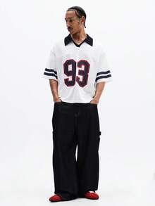 SUMWON Oversized Fit Numbered Polo Shirt With Navy Collar And Sleeve Stripes For Casual Wear - White - View 3