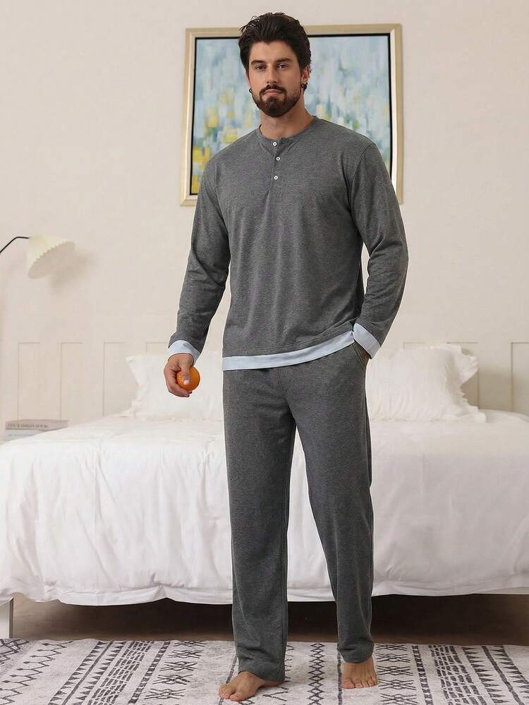 Men's Grey Patchwork Hem Loungewear Set, Spring