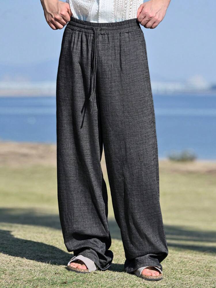 Men's Solid Black Elastic Waist Pants, Spring/Summer