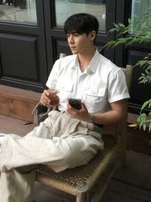 DAZY 男士纯白色口袋休闲衬衫，夏季款 - 白色 - 查看 5