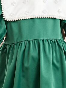 SHEIN Vestido Elegante com Gola Colorblock, Decoração de Pérolas e Manga Pétala para Menina Pré-Adolescente - Verde - Visão 3