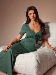 SHEIN 独特蝴蝶结设计橄榄绿短袖女士休闲连衣裙 - 墨綠色 - 查看 6