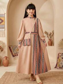 SHEIN 少女米色條紋不對稱拼接洋裝，秋季端莊婚禮賓客少女長袍 Abaya Thobes - 彩色 - 查看 4