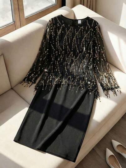 Modelyn Plus Size Sequin Fringe Mesh Overlay Top And Dress 2 Pieces Set, Fashionable Party Outfit Plus Size Party Outfit