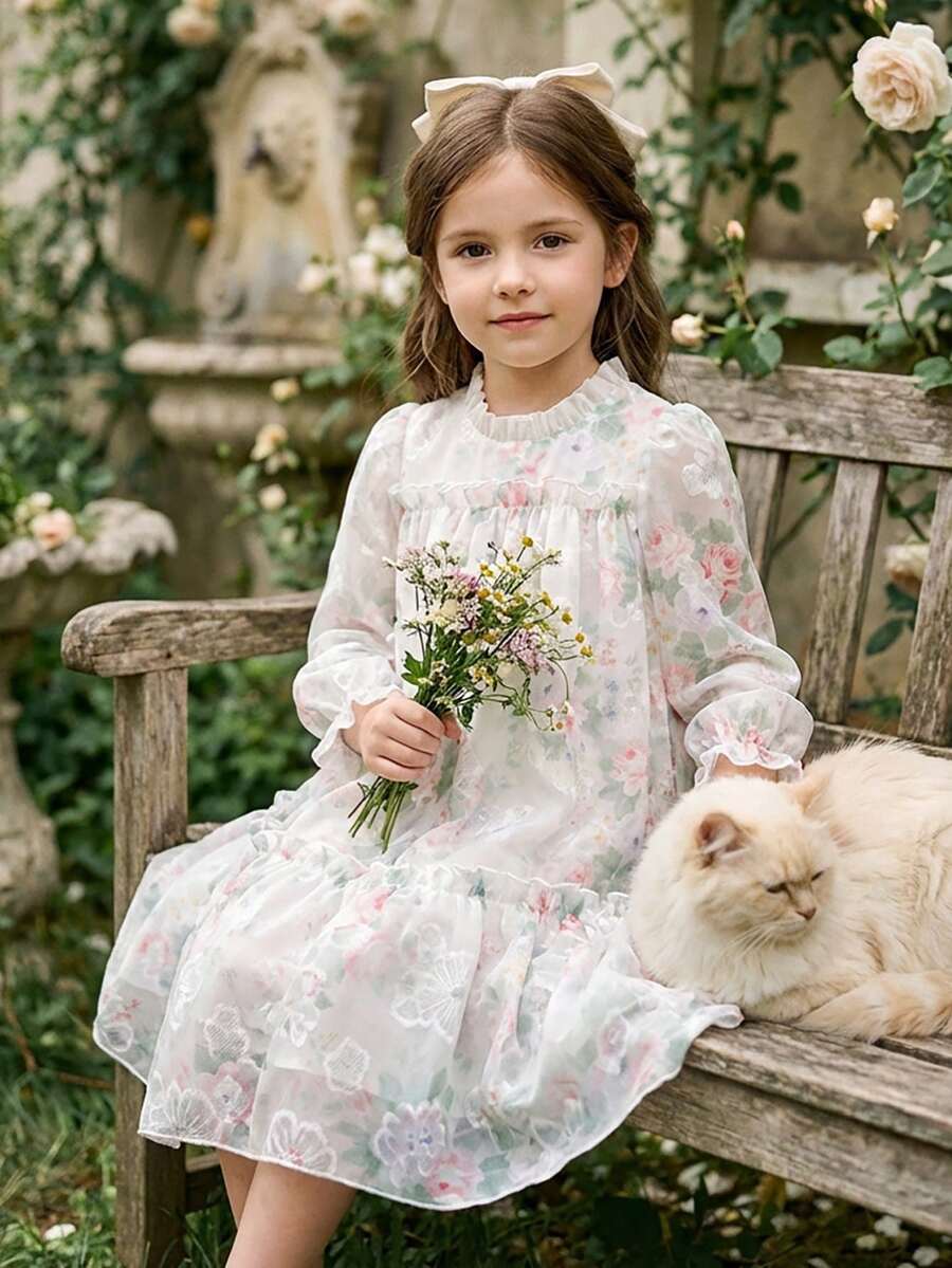 SHEIN Vintaside Kids 女童优雅公主风荷叶边领泡泡袖提花刺绣双层荷叶边下摆宽松公主裙，适合度假、旅行、派对、送礼、春秋季穿着。 - 粉色 - 查看 1